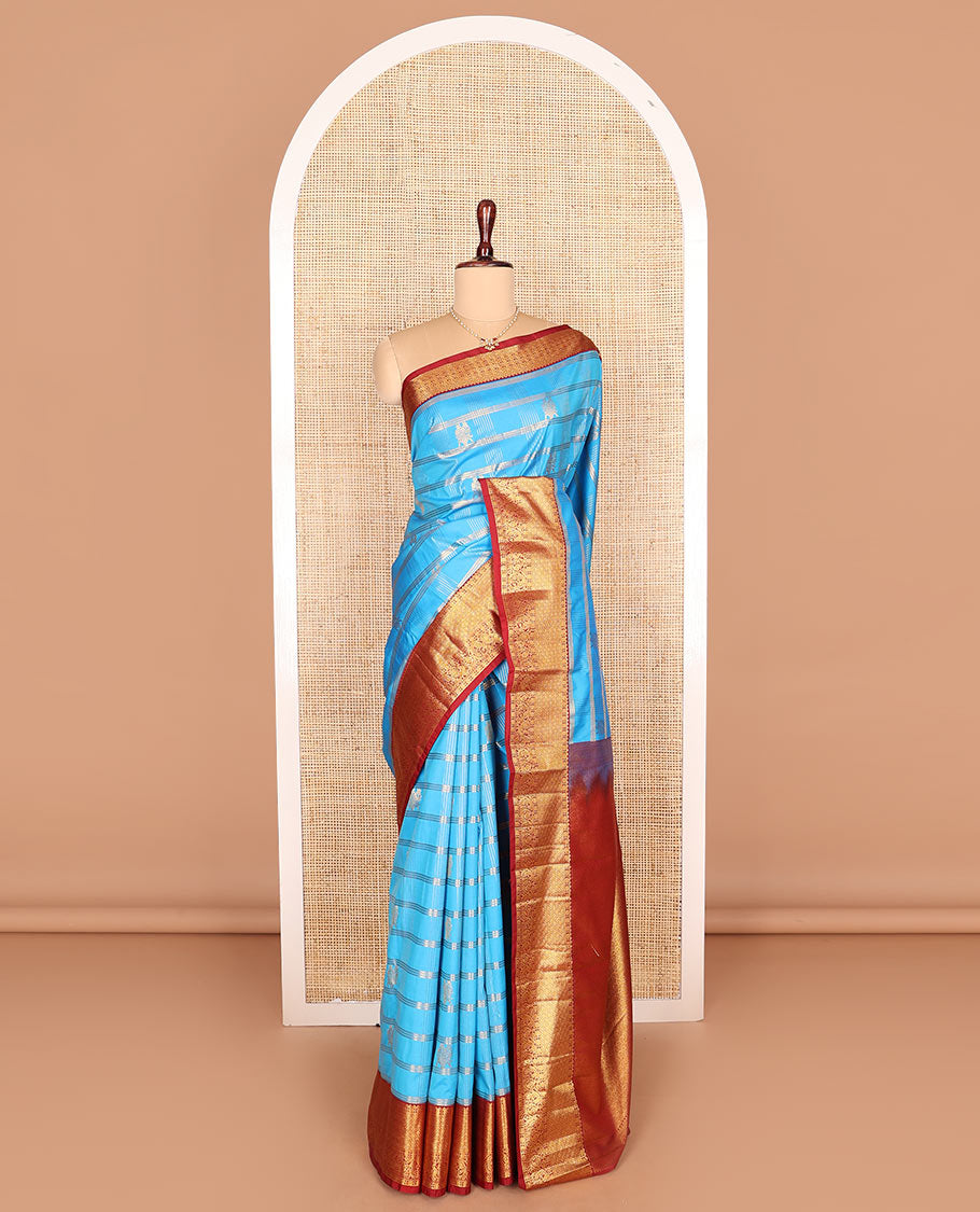 Light blue zari buttas and checked budget silk saree, contrast traditional zari woven border, and jaal pallu