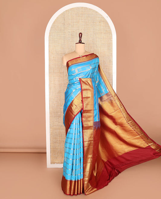 Light blue zari buttas and checked budget silk saree, contrast traditional zari woven border, and jaal pallu