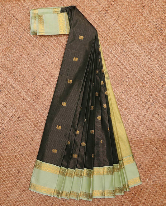 Green zari buttas and striped gift saree, contrast traditional zari rettai pettu design border, and intricate pallu