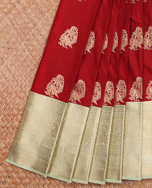 Apple Red Budget Silk Saree Crafted with Zari Peacock Buttas, Featuring a Contrast Traditional Zari-Design Border, Captivated with Mughal-Style Pallu, and a Contrast Blouse
