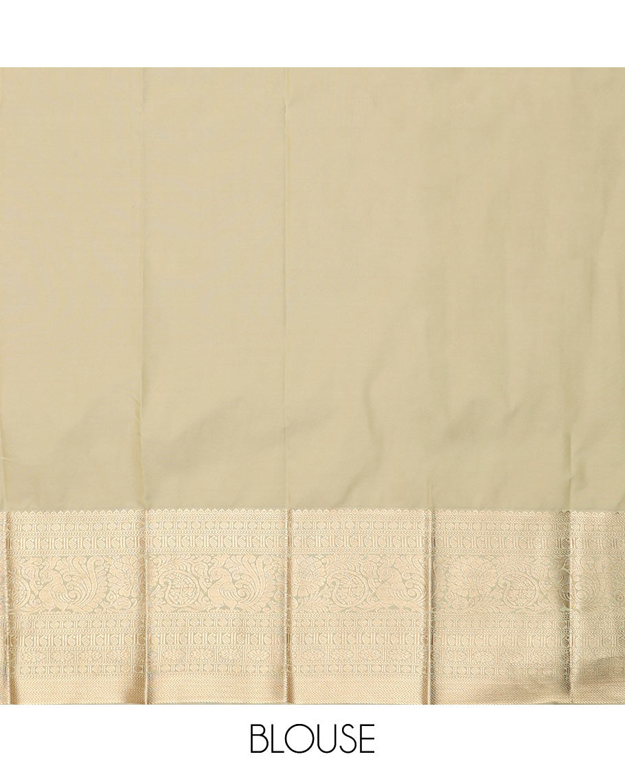 Apple Red Budget Silk Saree Crafted with Zari Peacock Buttas, Featuring a Contrast Traditional Zari-Design Border, Captivated with Mughal-Style Pallu, and a Contrast Blouse