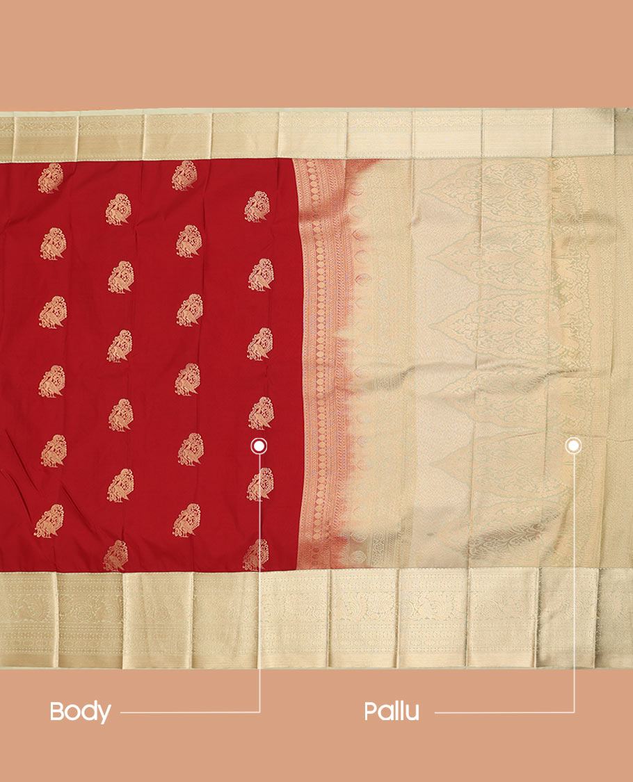 Apple Red Budget Silk Saree Crafted with Zari Peacock Buttas, Featuring a Contrast Traditional Zari-Design Border, Captivated with Mughal-Style Pallu, and a Contrast Blouse