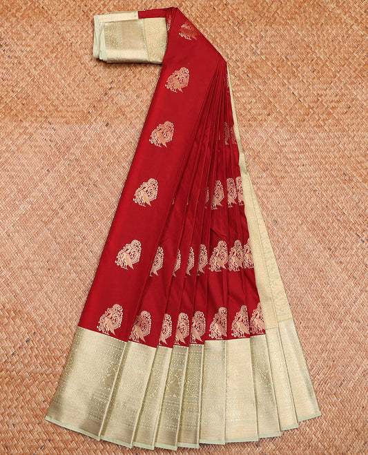 Apple Red Budget Silk Saree Crafted with Zari Peacock Buttas, Featuring a Contrast Traditional Zari-Design Border, Captivated with Mughal-Style Pallu, and a Contrast Blouse
