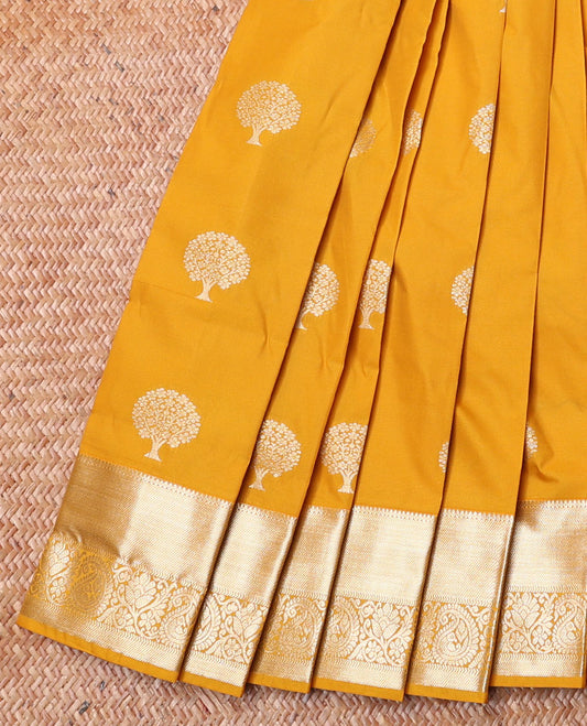 Yellow Budget Silk Saree, Decked Up with Tree Buttas, Highlighted by a Traditional Zari Design Border, Gleaming Jaal Design Pallu, and Paired with a Matching Blouse