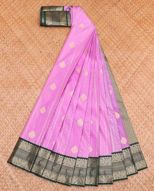 Pink Budget Silk Saree, Beautified with Zari Buttas All Over Its Body, Complemented by a Contrast Traditional Zari Design Border, Grand Jaal-Patterned Pallu, and Paired with a Contrast Blouse