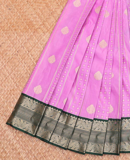 Pink Budget Silk Saree, Beautified with Zari Buttas All Over Its Body, Complemented by a Contrast Traditional Zari Design Border, Grand Jaal-Patterned Pallu, and Paired with a Contrast Blouse