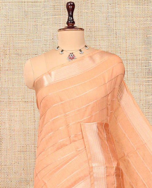 Peach Assam Silk Saree, Crafted with Zari Stripes, a Traditional Zari Border, a Gleaming Zari-Striped Pallu, and a Contrast Blouse