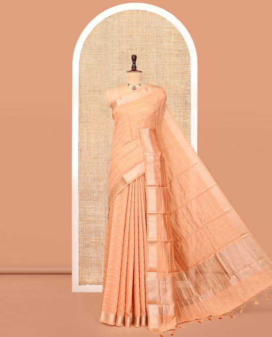 Peach Assam Silk Saree, Crafted with Zari Stripes, a Traditional Zari Border, a Gleaming Zari-Striped Pallu, and a Contrast Blouse