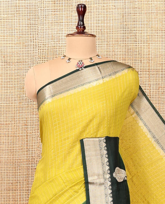 Yellow Assam Silk Saree, Sparsely Woven with Checks, Complemented by a Contrast Traditional Paisley Zari Border, Zari Striped Pallu, and a Contrast Blouse
