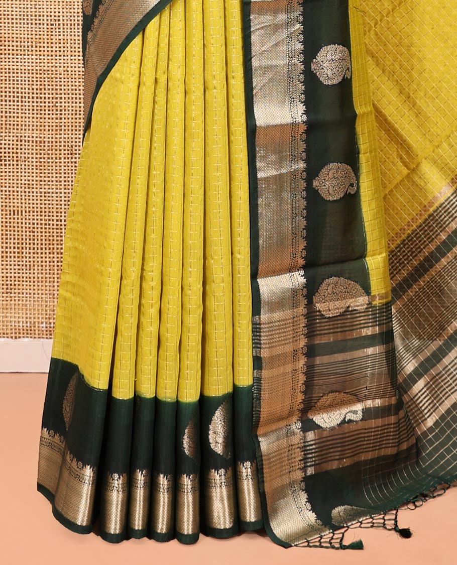 Yellow Assam Silk Saree, Sparsely Woven with Checks, Complemented by a Contrast Traditional Paisley Zari Border, Zari Striped Pallu, and a Contrast Blouse