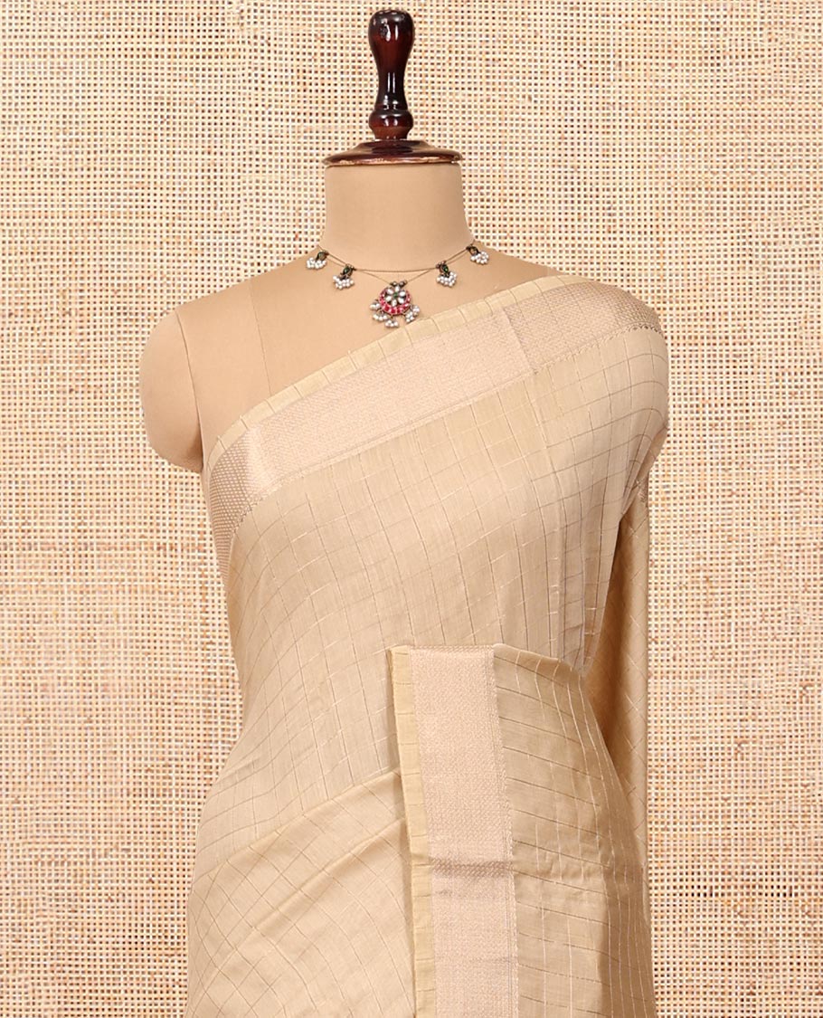 Sandal Assam Silk Saree, Subtly Sparkled with Zari Checks, Highlighted by Zari Border, Zari-Striped Pallu, and a Matching Blouse