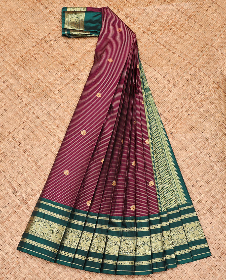 Purple Budget Silk Saree, Embellished with Zari Stripes and Buttas All Over Its Body, Complemented by Contrast Traditional Animal Motifs Woven Border, Jaal Pallu and Paired with a Contrast Blouse