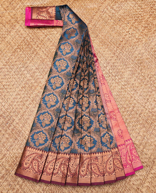 Blue Budget Silk Saree, Detailed with Jacquard, Complemented by Contrast Paisley Zari Border, Grand Jaal Pallu, and a Contrast Blouse