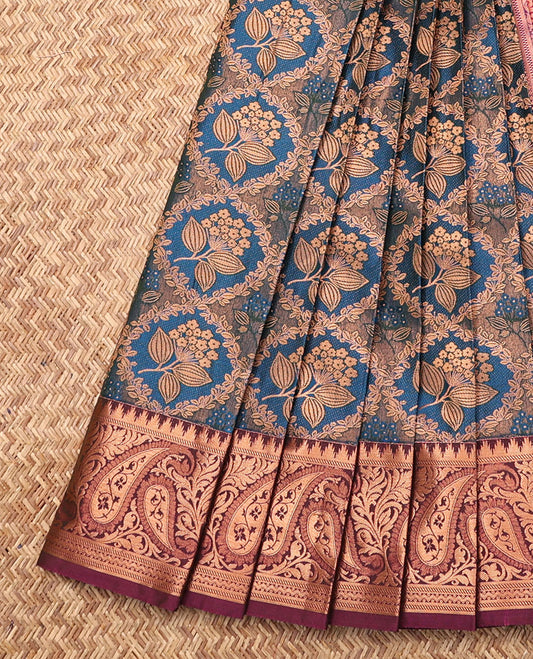 Blue Budget Silk Saree, Detailed with Jacquard, Complemented by Contrast Paisley Zari Border, Grand Jaal Pallu, and a Contrast Blouse
