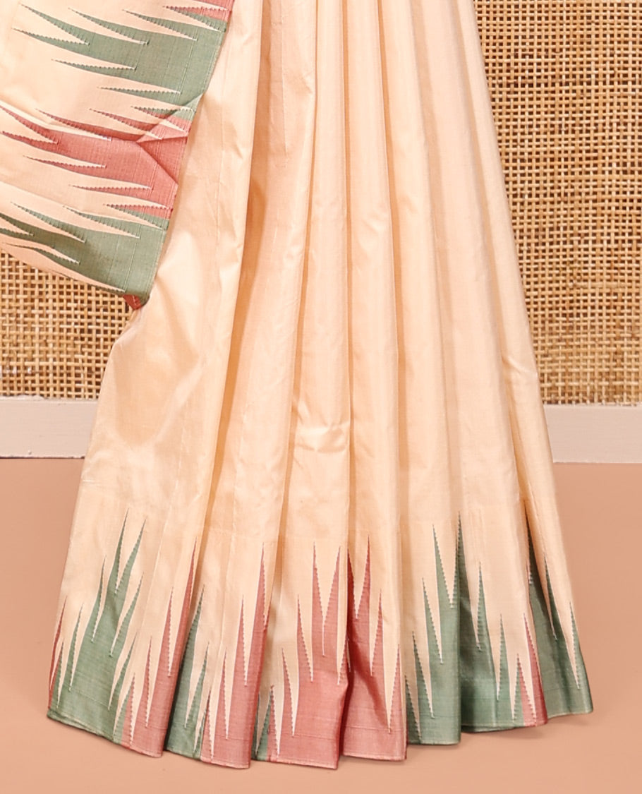 Light Sandal Plain Bangalore Silk Saree, Complemented by a Contrast Temple Border, Contrast Pallu of Stripes, and a Contrast Blouse