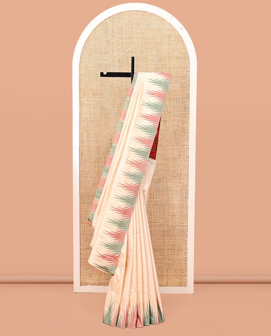 Light Sandal Plain Bangalore Silk Saree, Complemented by a Contrast Temple Border, Contrast Pallu of Stripes, and a Contrast Blouse