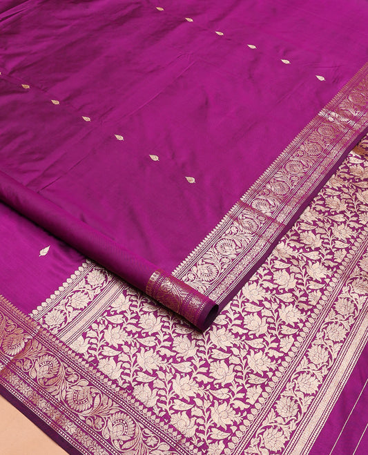Magenta buttas banarasi kathan silk saree,  floral creeper border, and floral jaal design pallu