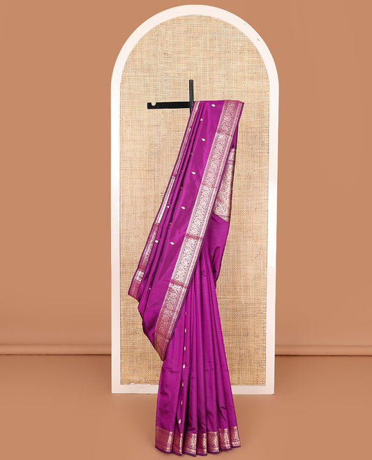 Magenta buttas banarasi kathan silk saree,  floral creeper border, and floral jaal design pallu