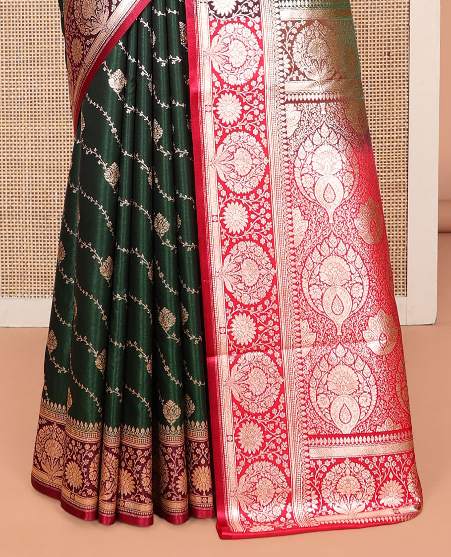 Green Banarasi Nylon Saree, Gracefully Embellished with Diagonal Stripes, Contrast Intricate Zari Border, Intricate Pallu, and a Contrast Blouse