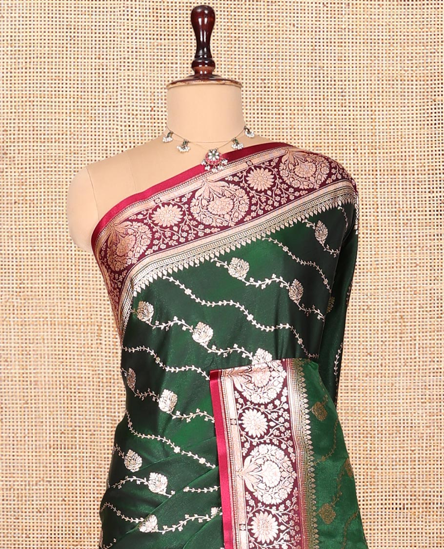 Green Banarasi Nylon Saree, Gracefully Embellished with Diagonal Stripes, Contrast Intricate Zari Border, Intricate Pallu, and a Contrast Blouse