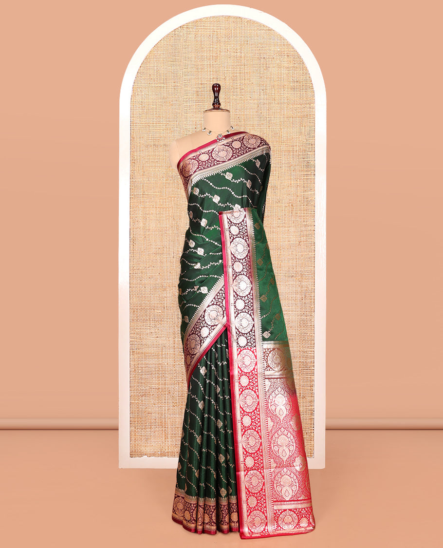 Green Banarasi Nylon Saree, Gracefully Embellished with Diagonal Stripes, Contrast Intricate Zari Border, Intricate Pallu, and a Contrast Blouse