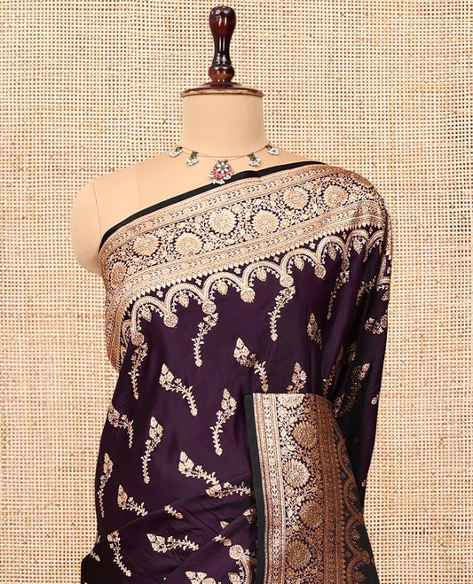Dark Purple Banarasi Satin Saree, Beautified with Floral Buttas, a Floral Creeper Border, Intricate Stonework Pallu, and a Matching Blouse