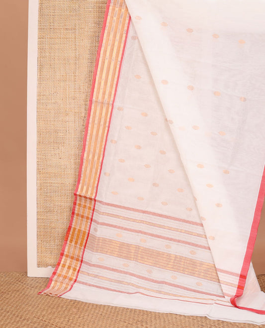 Cream zari buttas Venkatagiri cotton saree, contrast traditional zari border, and zari striped pallu