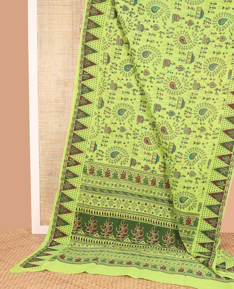 Green Sungudi Cotton Saree Enlivened with Warli-Village Theme Motifs Prints, Subtly Printed Temple Motif Border, and Pallu Steeped with Floral and Geometric Designs