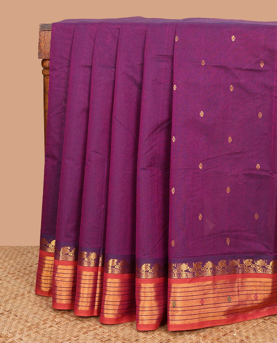 Purple zari buttas Venkatagiri cotton saree with contrast paisley design zari border, and pallu of zari stripes