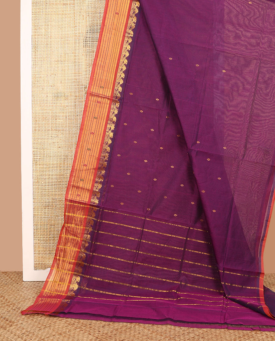 Purple zari buttas Venkatagiri cotton saree with contrast paisley design zari border, and pallu of zari stripes