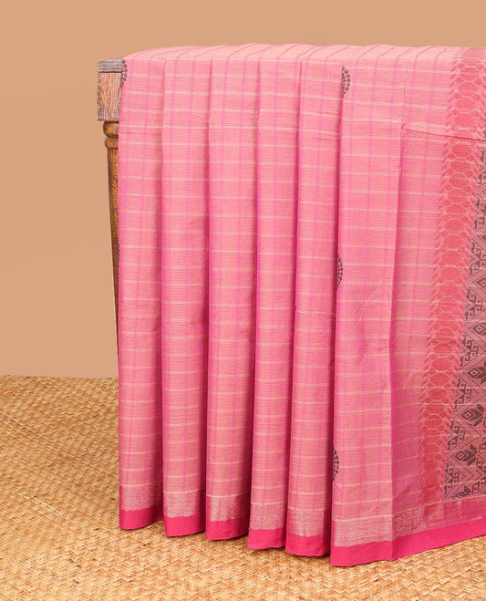 Pink checked, floral design coimbatore cotton saree with contrast zari border & floral design pallu