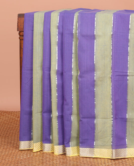 Green and Violet Striped Mangalagiri Cotton Saree, Complemented by Contrast Zari Border, Pallu of Stripes, and Paired with a Matching Blouse
