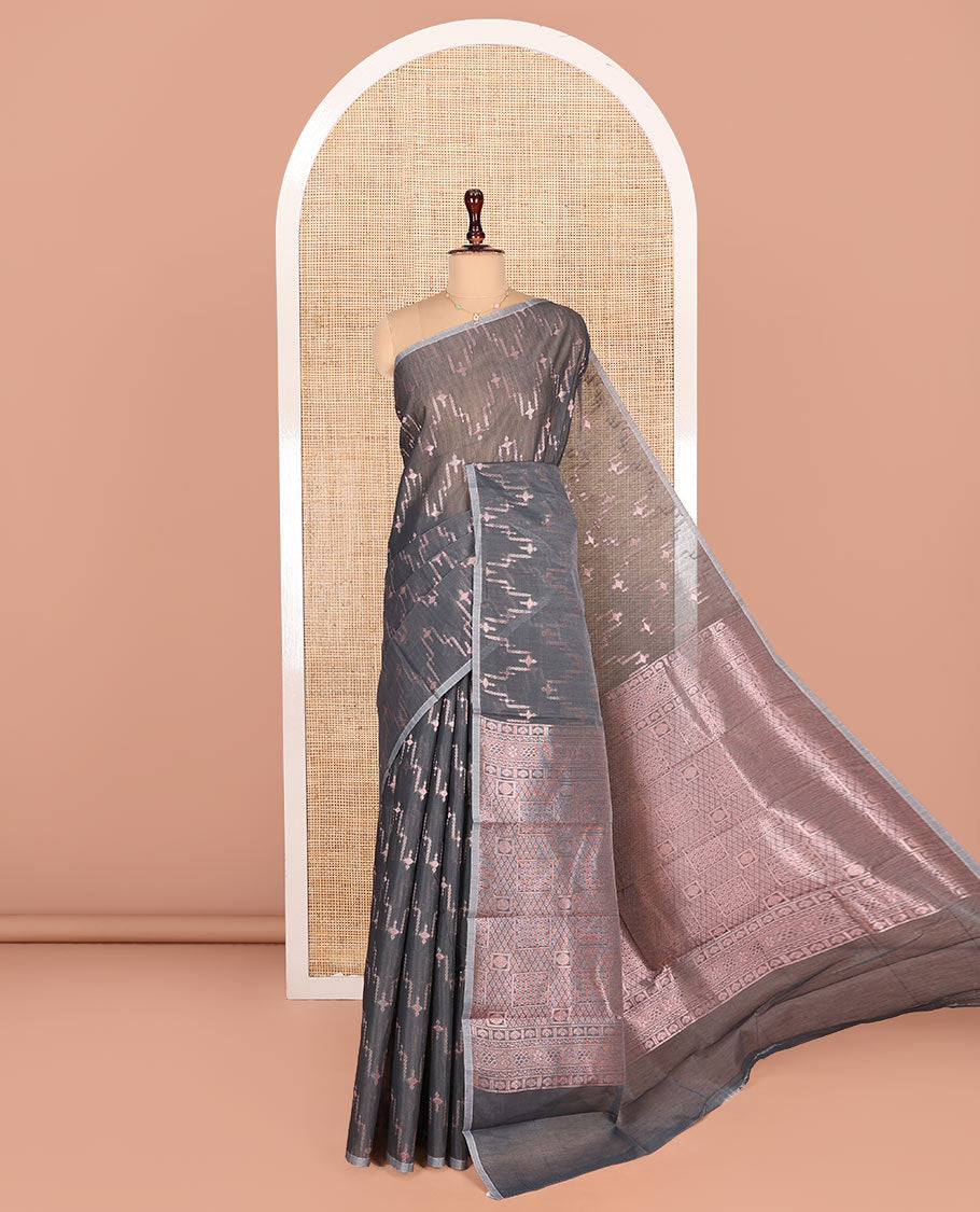 Borderless Grey Semi-Silk Cotton Saree, Decorated with Zari Designs All Over Its Body, Intricately Designed Grand Pallu, and Paired with a Matching Blouse