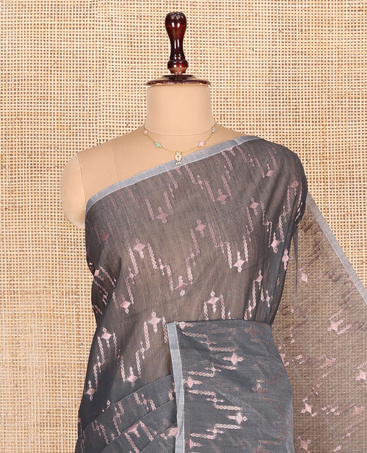 Borderless Grey Semi-Silk Cotton Saree, Decorated with Zari Designs All Over Its Body, Intricately Designed Grand Pallu, and Paired with a Matching Blouse