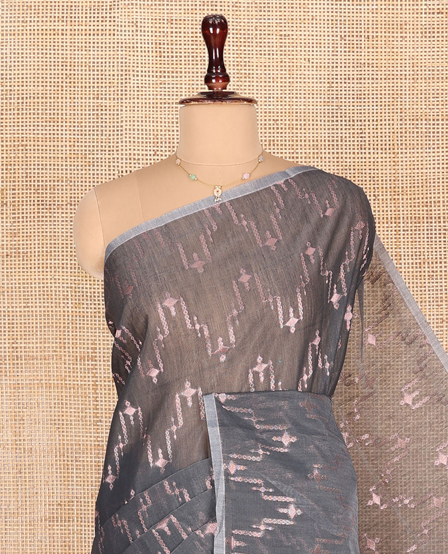 Borderless Grey Semi-Silk Cotton Saree, Decorated with Zari Designs All Over Its Body, Intricately Designed Grand Pallu, and Paired with a Matching Blouse