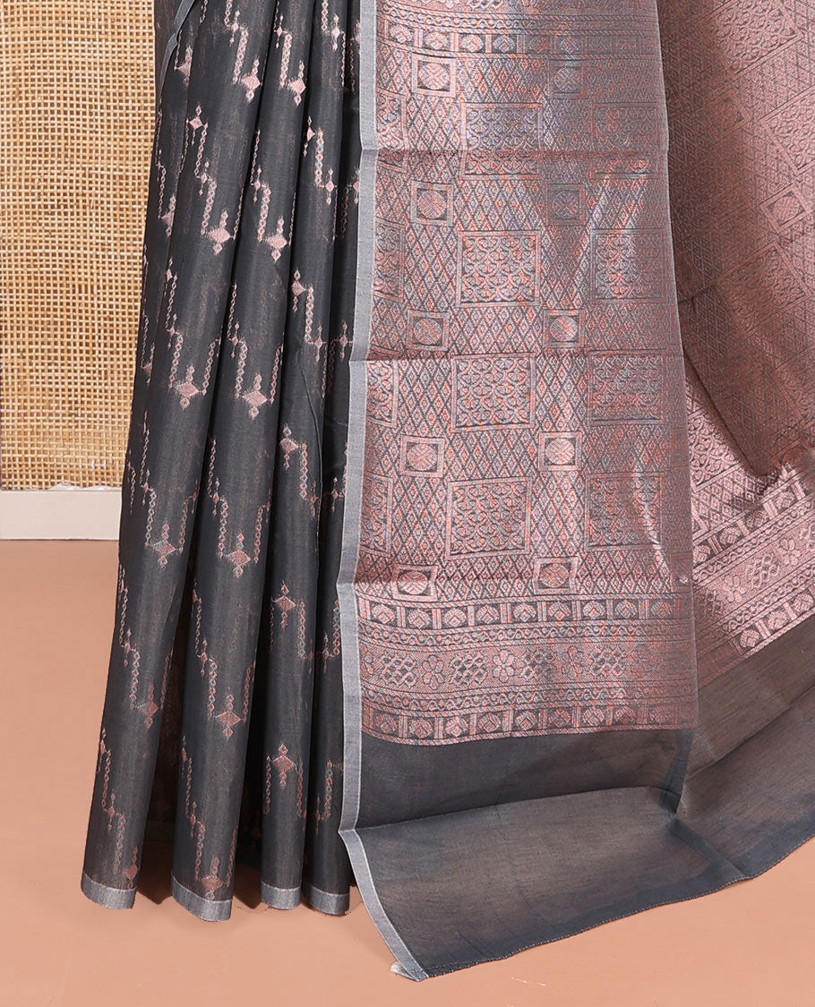Borderless Grey Semi-Silk Cotton Saree, Decorated with Zari Designs All Over Its Body, Intricately Designed Grand Pallu, and Paired with a Matching Blouse
