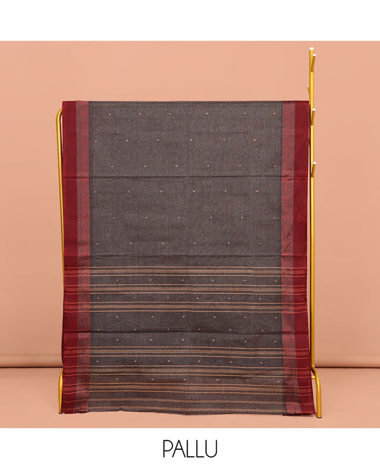 Grey Bengal Cotton Saree, Woven with Buttas All Over Its Body, Complemented by a Contrast Border of Unique Designs, Pallu of Stripes and Buttas, and Paired with a Matching Blouse