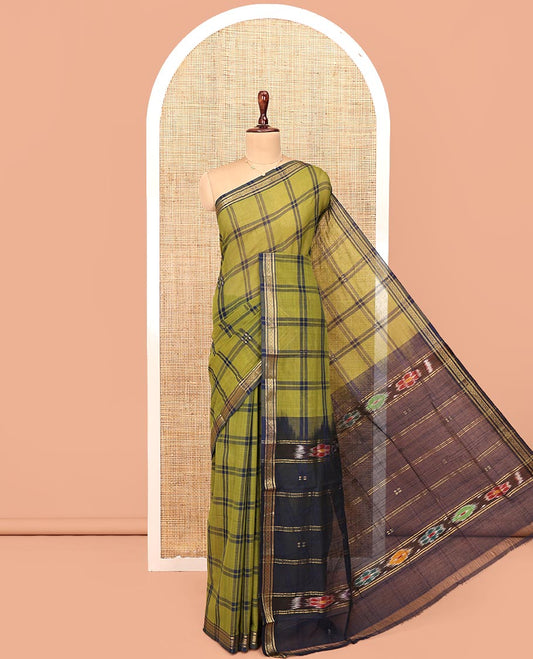 Green Andhra Cotton Saree, Enriched with Checked Design All Over Its Body, Subtly Sparked with a Traditional-Patterned Border, Contrast Pallu of Stripes and Ikkt Floral Buttas, and Paired with a Matching Blouse