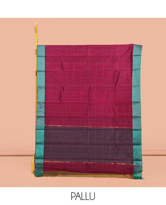 Wine Semi-Silk Cotton Saree, Subtly Sparkled with Checks All Over Its Body, Complemented by a Contrast Border, Striped Pallu, and Paired with a Matching Blouse