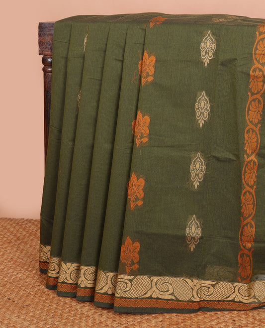 Green unique buttas Combatiore cotton saree, paisley creeper design border & floral-design pallu