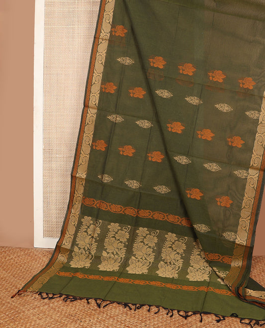 Green unique buttas Combatiore cotton saree, paisley creeper design border & floral-design pallu