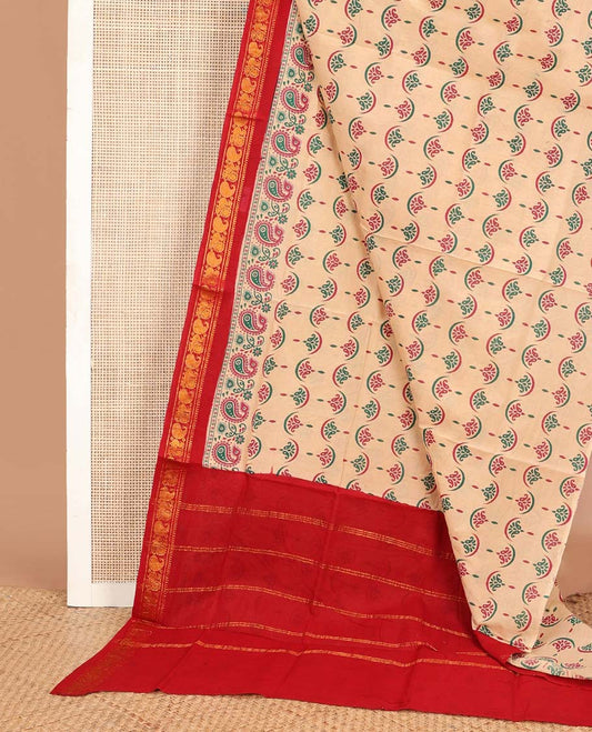 Sandal unique motifs printed Sungudi cotton saree, contrast peacock & manga zari border & striped pallu