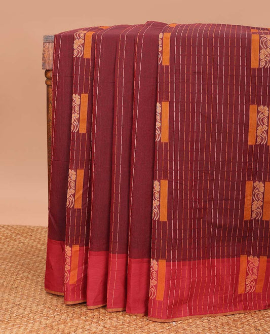 Maroon dotted stripes, and square buttas Coimbatore cotton saree, contrast dotted stripes, and square buttas border, and pallu of floral motifs