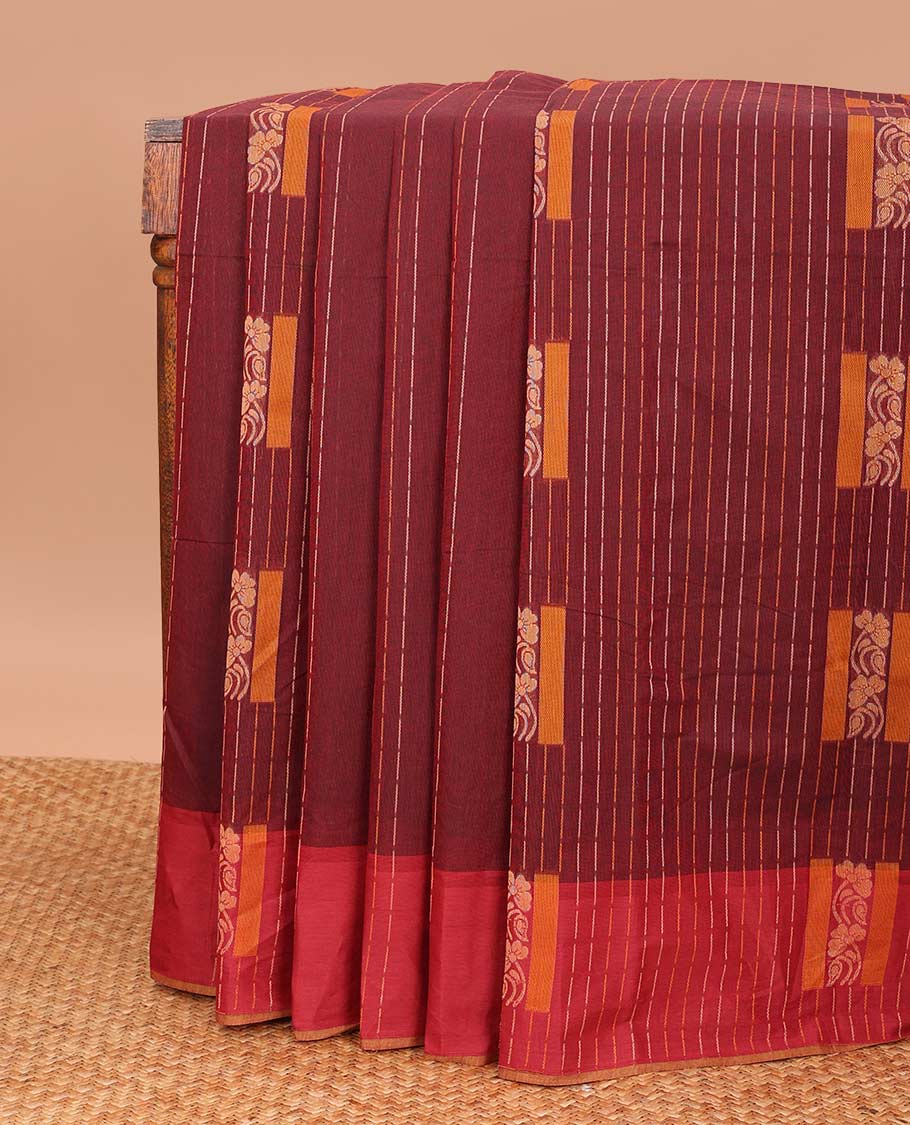 Maroon dotted stripes, and square buttas Coimbatore cotton saree, contrast dotted stripes, and square buttas border, and pallu of floral motifs