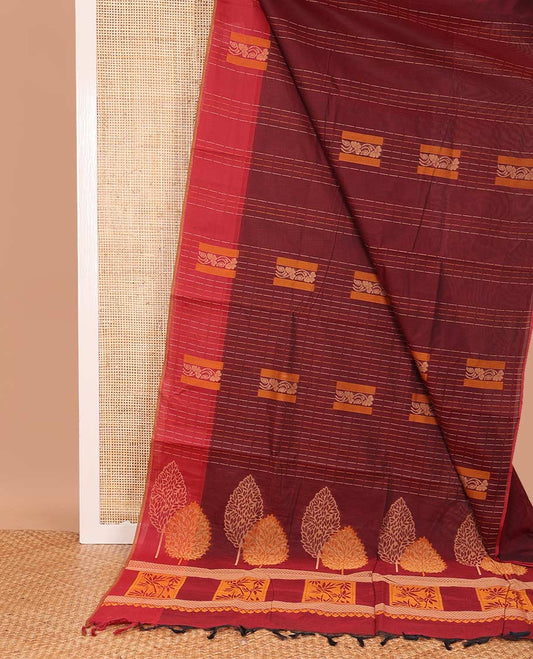 Maroon dotted stripes, and square buttas Coimbatore cotton saree, contrast dotted stripes, and square buttas border, and pallu of floral motifs