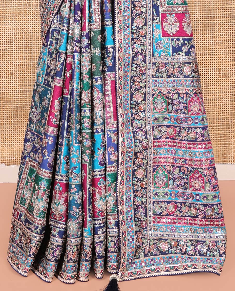 Blue Dola Silk Saree, Elegantly Highlighted with Floral and Paisley Design on Its Body, Highlighted by Intricate Floral Border, Pallu of Floral and Paisley Design, and Paired with a Matching Blouse