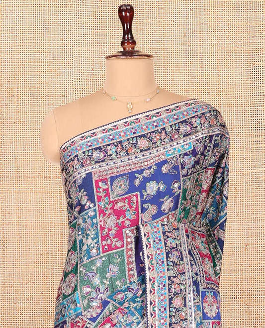 Blue Dola Silk Saree, Elegantly Highlighted with Floral and Paisley Design on Its Body, Highlighted by Intricate Floral Border, Pallu of Floral and Paisley Design, and Paired with a Matching Blouse