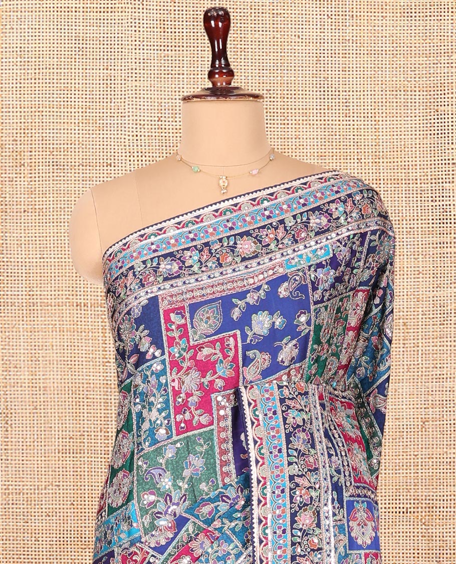 Blue Dola Silk Saree, Elegantly Highlighted with Floral and Paisley Design on Its Body, Highlighted by Intricate Floral Border, Pallu of Floral and Paisley Design, and Paired with a Matching Blouse