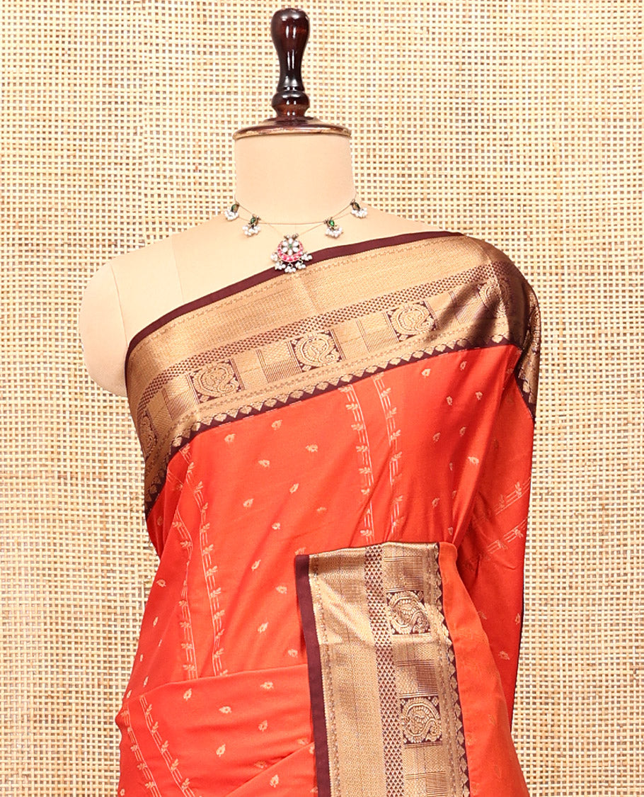 Rust-Brown Budget Silk Saree, Enriched with Zari Designs, Contrast Border, Pallu, and Contrast Blouse