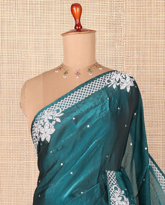 Blue plain designer saree, scallop embroidered border & contrast blue leaf-neck floral thread embroidery readymade blouse